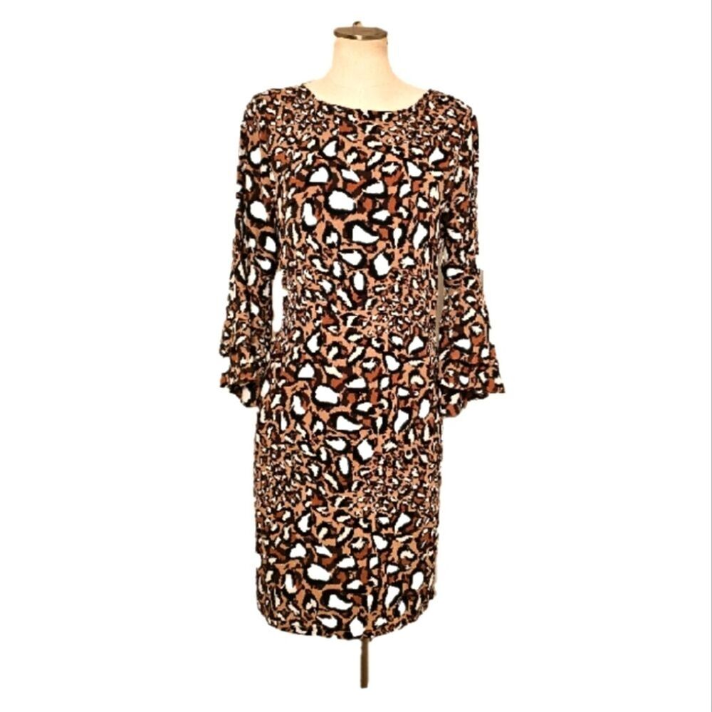 Boho Chic Sheath Dress Womens Lge Modest Neutral Leopard Mobwife Flare Retro Mod